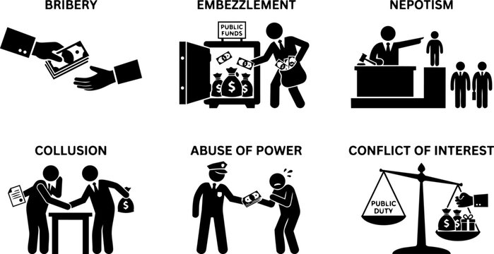 Corruption, bribery and abuse of power silhouette icons
