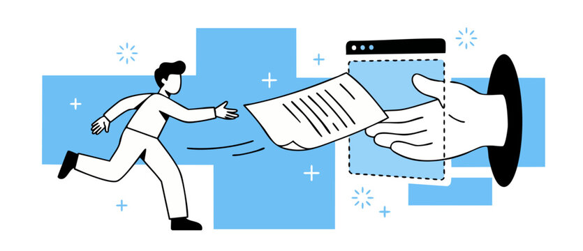 Online document transfer vector illustration showing a man running to catch a fly paper sheet from a digital screen hand, symbolizing cloud storage, fast data sharing, and office workflow.