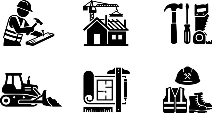 Construction and engineering silhouette icon set