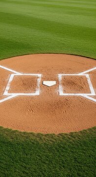 The empty batter's box area surrounding home plate on a well-maintained dirt and grass sports field, ready for competition, home plate, recreational, athletics