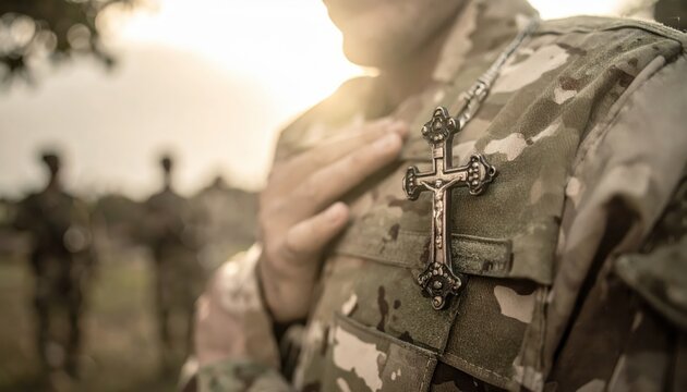 Close-up of a military chaplain's ornate cross symbol pinned to a camouflage uniform, signifying faith and service.