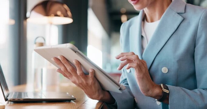 Businesswoman, hands and remote work in cafe with tablet, scroll or review project management budget. Contract worker, person and typing in restaurant with tech, financial planning or administration.