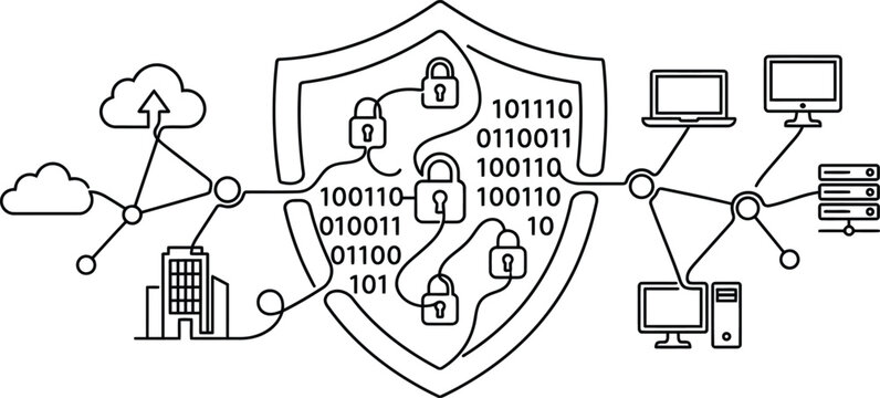 Digital Security Network Protection: Cyber Shield with Locks and Binary Code