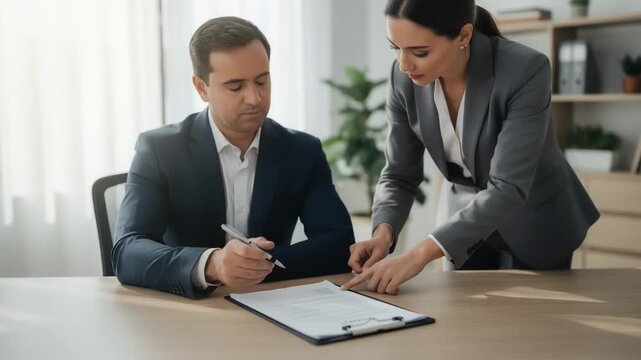 Focused medium shot of client signing subscription papers while advisor points out important sections background softly blurred.