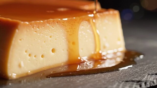 Slice of Condensed Milk Pudding with Caramel Sauce Dripping on a Dramatic Dark Background