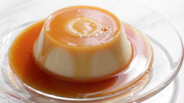 Condensed Milk Pudding with Caramel Sauce in a Glass Dish on Minimalist White Marble
