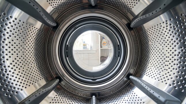 Close up view of a modern washing machine drum interior with visible details. Concept of household appliances, laundry care, and technology innovation. Generative AI