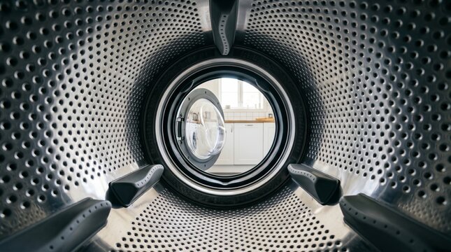 Close up view of a modern washing machine drum interior with visible details. Concept of household appliances, laundry care, and technology innovation. Generative AI