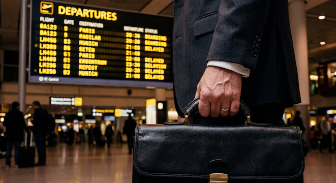 Businessman hand holding black leather briefcase in front of airport flight departures board.