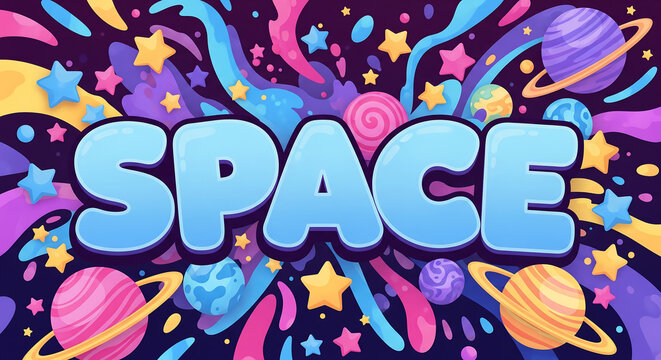 Vibrant colorful space theme illustration featuring cosmic planets stars and galaxies in a playful futuristic design perfect for creative branding and digital backgrounds