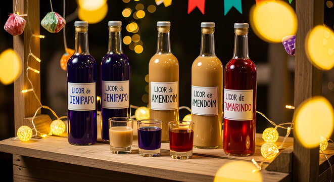 Traditional Festa Junina Flavored Liqueurs on a Rustic Wooden Stand