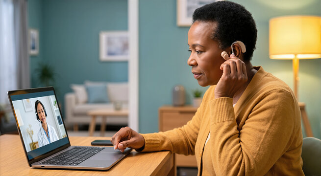 Black senior woman adjusting hearing aid during telehealth call on laptop. Elderly female in mustard cardigan having remote medical consultation. Hearing health and telemedicine concept