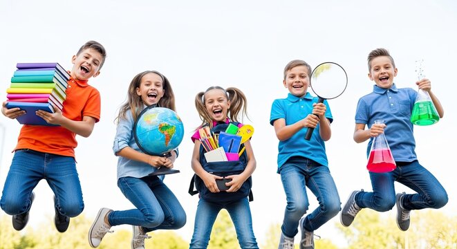 Diverse school children jumping with books and science equipment.