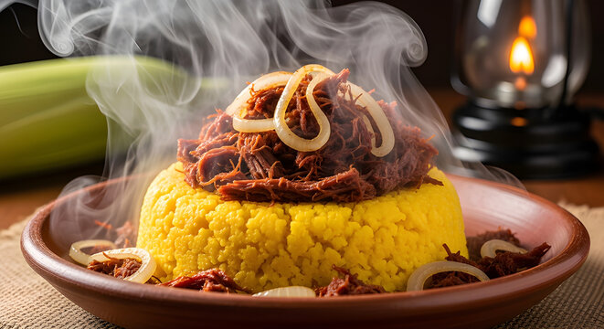 Steaming Brazilian Cuscuz Topped with Pulled Dried Meat and Onions
