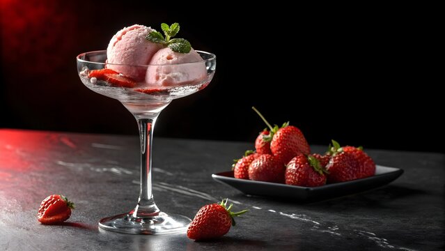 Strawberry ice cream in a glass with fresh strawberries dessert sweet