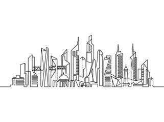 Obraz premium Continuous single line drawing of modern city skyline with skyscrapers.