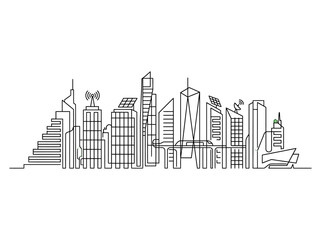 Obraz premium Continuous single line drawing of modern city skyline with skyscrapers.