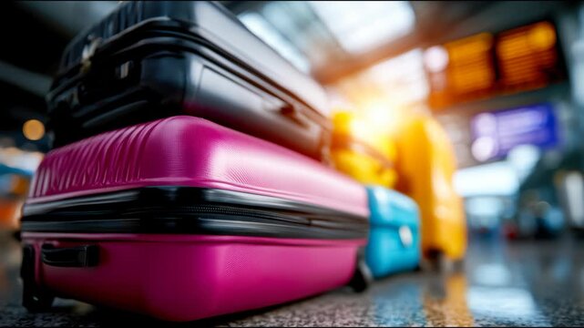 Colorful suitcases stacked on airport terminal floor with blurred travelers and departure board in background