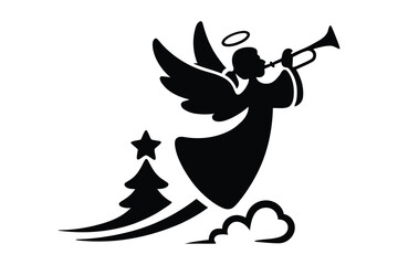 Obraz premium Christmas angel blowing trumpet silhouette with star and cloud design, christmas