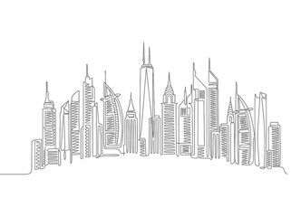 Fototapeta premium Continuous single line drawing of modern Dubai city skyline with skyscrapers.