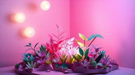 Obraz premium Vibrant papercraft island scene. Lush foliage, glowing lights, pink backdrop create surreal atmosphere. Detailed miniature landscape.