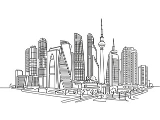 Fototapeta premium Black and white hand drawn sketch of a modern city skyline.