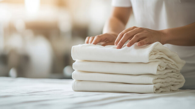 Neatly folded white towels with hands arranging stack