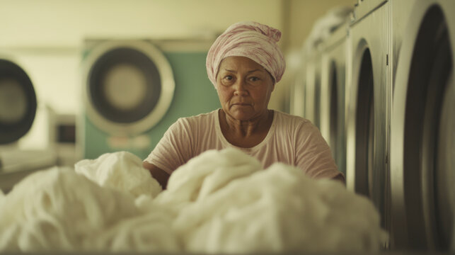 Woman handling laundry in laundromat with serious look