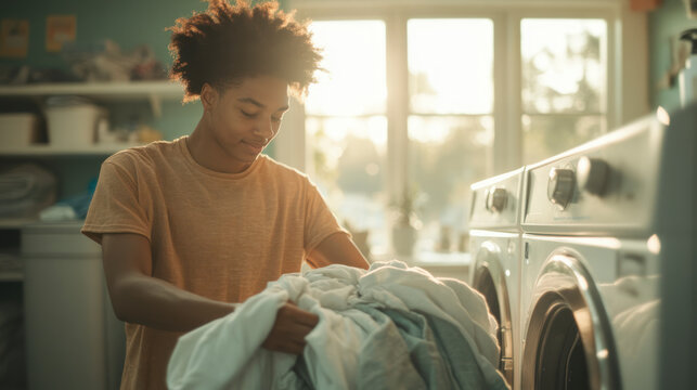 Young woman sorting laundry by washing machines indoors