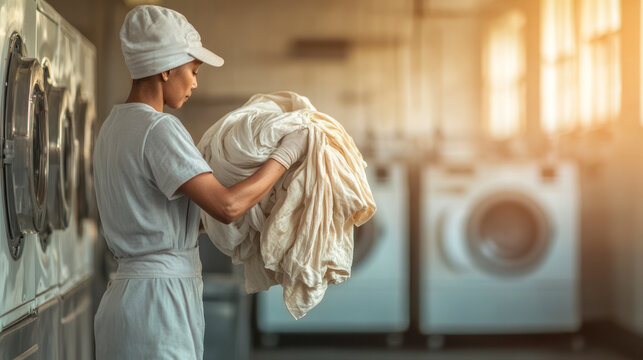 Laundry worker handling clean linens near washing machines