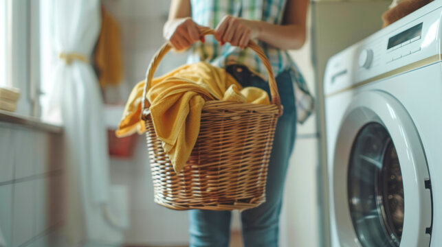 Woman holding laundry basket beside washing machine home