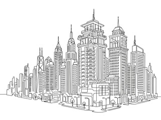 Fototapeta premium Hand drawn ink illustration of a modern city skyline with tall skyscrapers.