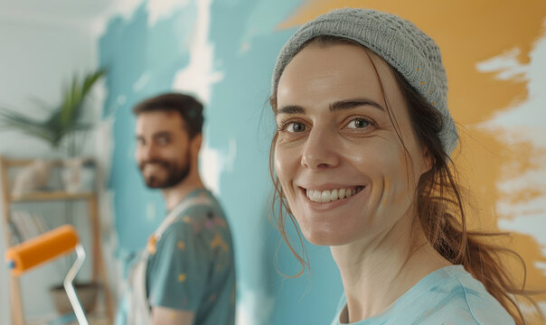 Young couple painting wall during home renovation project