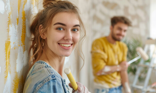 Young couple painting wall during home renovation project