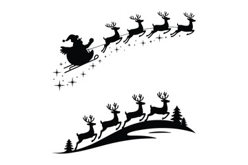 Christmas flying sleigh with reindeer and forest landscape silhouette set, christmas © Sadek