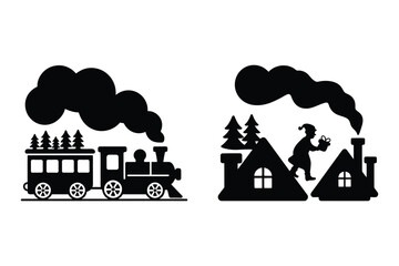 Naklejka premium Black silhouette icons of a steam locomotive train and a house with a chimney