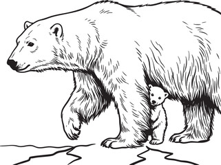 Mother polar bear, cub, walking, illustration, black and white, vector graphics © হরি চাঁদের চাঁদ
