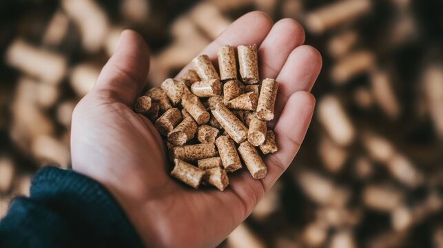 A hand holding small wooden pellets. The background is filled with more pellets, creating a natural and organic feel. Ideal for concepts related to sustainability and eco-friendly materials.