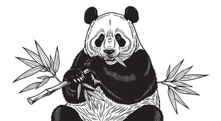 Panda bear, black and white illustration, bamboo, cute animal, vector graphics © হরি চাঁদের চাঁদ