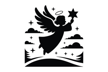 Obraz premium Christmas angel silhouette with star and halo flying over clouds and starfield