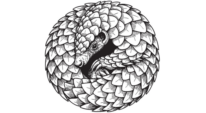 Pangolin curl up, pangolin scales, black and white animal, vector illustration, wildlife creature