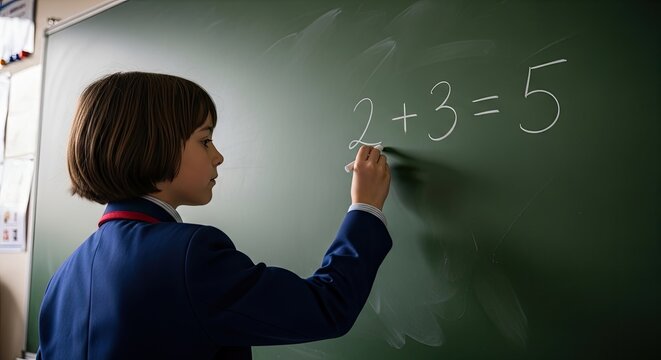Young schoolboy writing simple addition math equation on chalkboard.