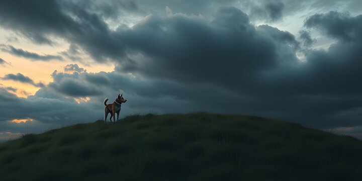 Ultra realistic illustration of a small grassy hill at cloudy evening with a lone dog standing on top, looking at dramatic overcast sky with dark moody clouds.
