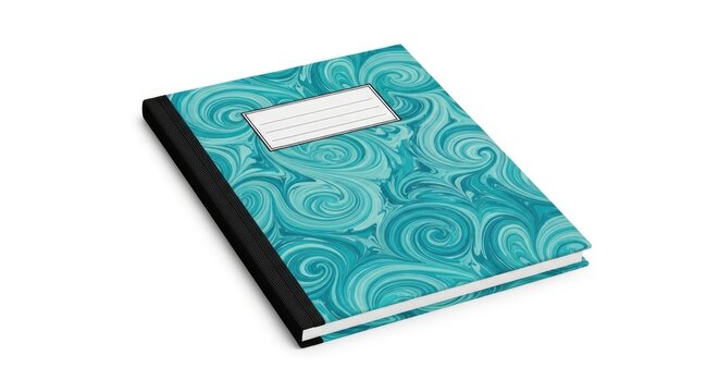 Composition notebook with blue wave pattern cover.