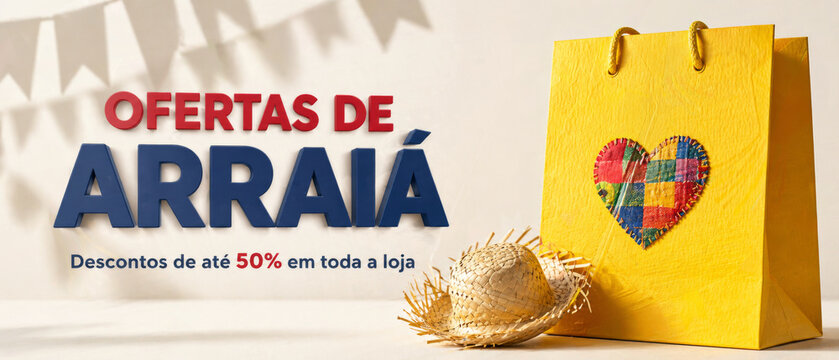 Festa Junina retail sale banner with Portuguese text Ofertas de Arrai&aacute; meaning Fair Offers, 50 percent discount message, yellow shopping bag, straw hat, copy space background for store advertising