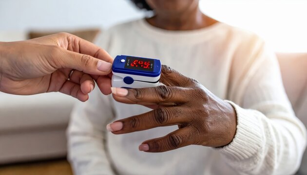 Close-up of a patient's finger being fitted with a digital pulse oximeter for health monitoring