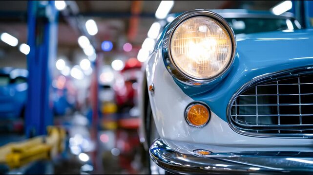 Classic vintage car with glowing headlight in a modern garage, showing chrome details, reflections, and automotive restoration atmosphere