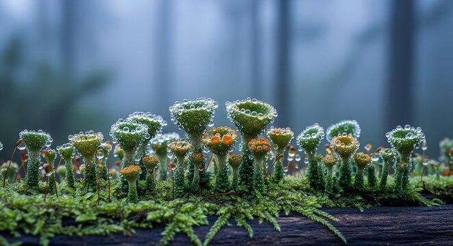 Tiny green cup lichens covered in dew drops on a dark forest background.