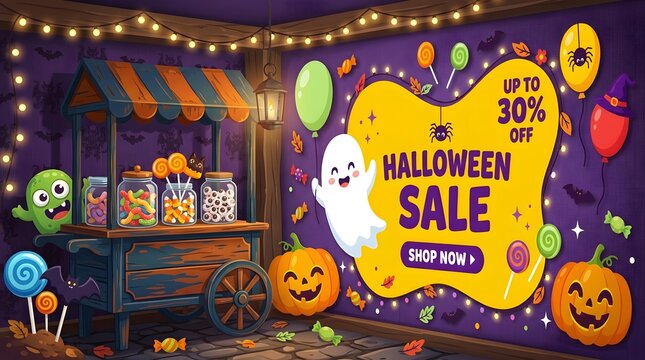 Halloween candy sale banner with cute ghost and monsters