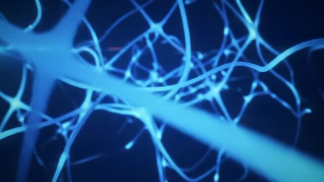 Mesmerizing abstract video of an intricate, futuristic plexus network with pulsing electric blue/cyan lines & glowing nodes against sapphire background. Concept of digital data flow